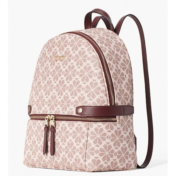 Kate Spade Large Backpack Flower Jacquard Beige Coated Canvas Leather Pockets - Picture 6 of 11